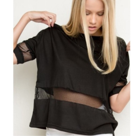 Brandy Melville Manoela Black Boxy Street Style Mesh Cutout Short Sleeve Top - Picture 2 of 11
